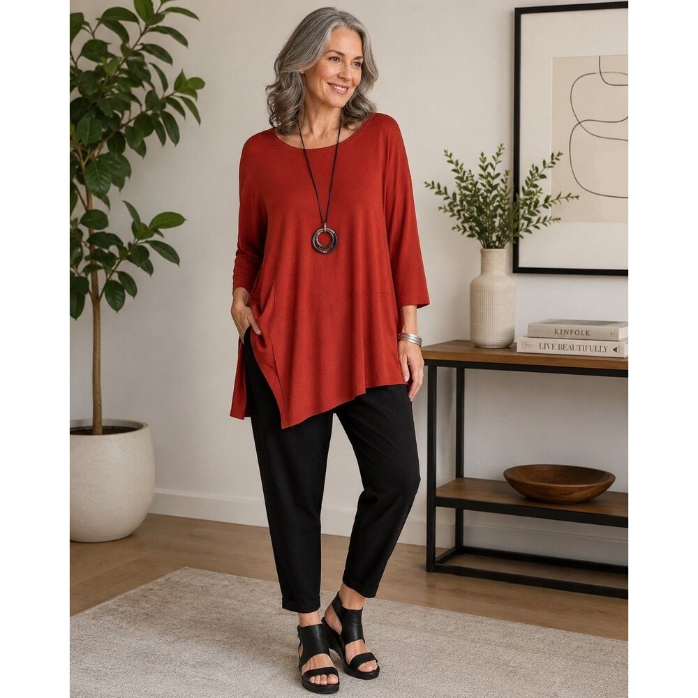 Eileen Fisher Serrano Orange Stretch Jersey Asymmetrical Tunic Top Size M